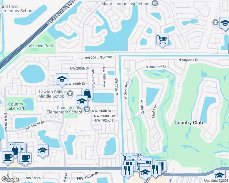 map of restaurants, bars, coffee shops, grocery stores, and more near 7762 Northwest 197th Street in Hialeah