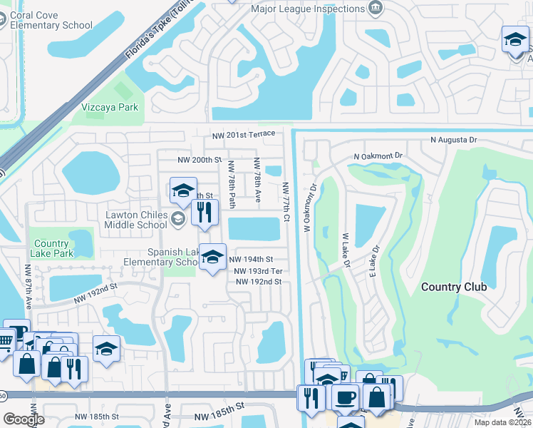 map of restaurants, bars, coffee shops, grocery stores, and more near 7762 Northwest 197th Street in Hialeah