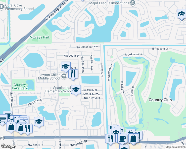 map of restaurants, bars, coffee shops, grocery stores, and more near 7762 Northwest 197th Street in Hialeah