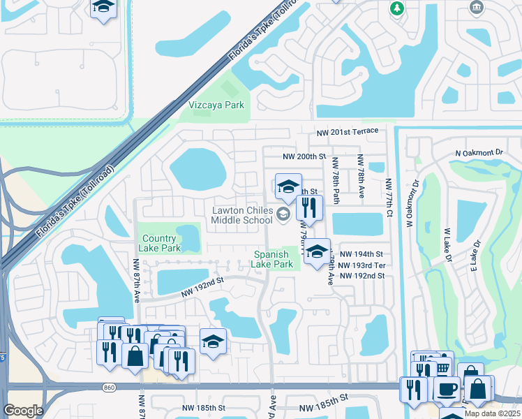 map of restaurants, bars, coffee shops, grocery stores, and more near 19613 Northwest 82nd Place in Hialeah