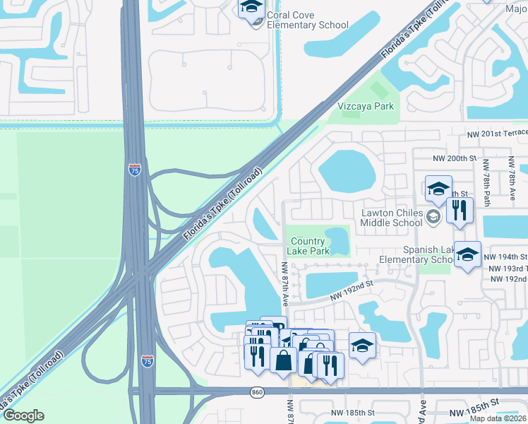 map of restaurants, bars, coffee shops, grocery stores, and more near 19561 Northwest 88th Avenue in Hialeah