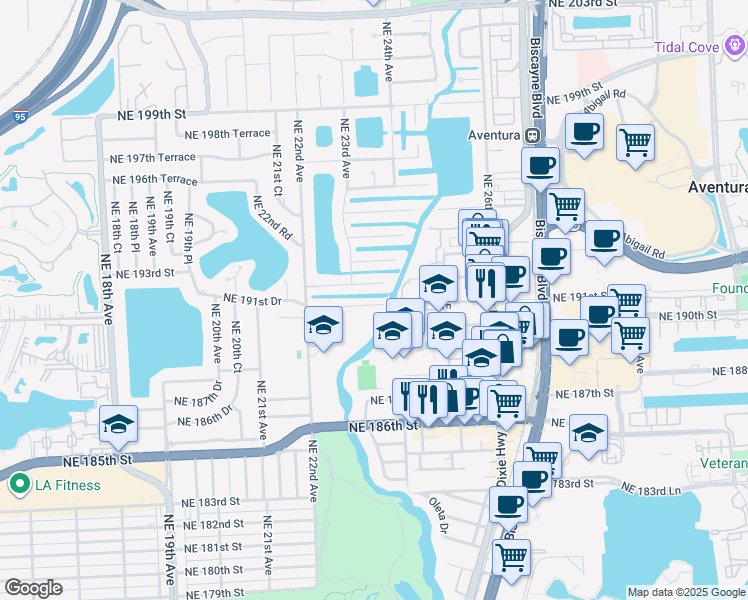 map of restaurants, bars, coffee shops, grocery stores, and more near 2335 Northeast 191st Street in Miami