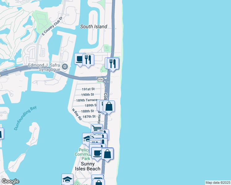 map of restaurants, bars, coffee shops, grocery stores, and more near 18975 Collins Avenue in Sunny Isles Beach