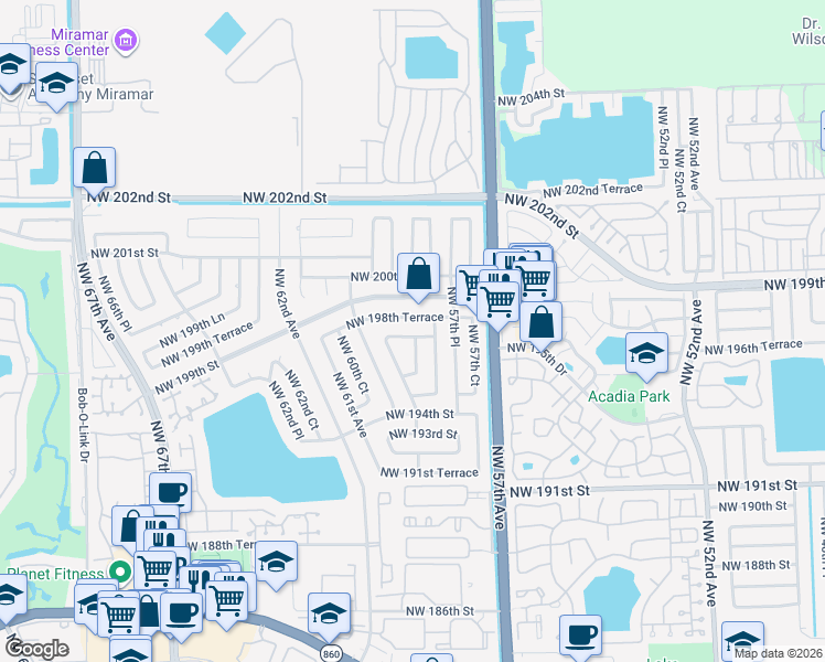 map of restaurants, bars, coffee shops, grocery stores, and more near 19643 Northwest 59th Avenue in Hialeah