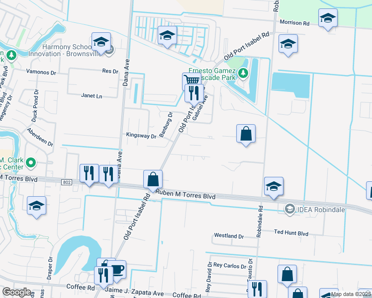 map of restaurants, bars, coffee shops, grocery stores, and more near 2616 Old Port Isabel Road in Brownsville
