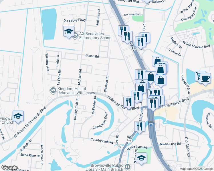 map of restaurants, bars, coffee shops, grocery stores, and more near 493 Farm to Market Road 802 in Brownsville