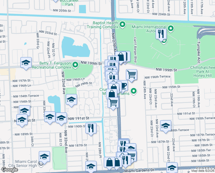 map of restaurants, bars, coffee shops, grocery stores, and more near 2755 Northwest 194th Terrace in Miami Gardens