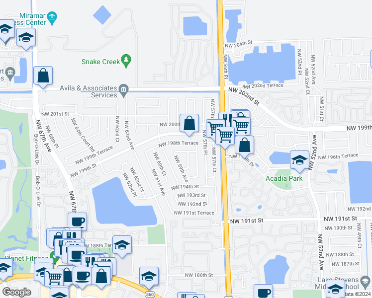 map of restaurants, bars, coffee shops, grocery stores, and more near 19643 Northwest 59th Avenue in Hialeah