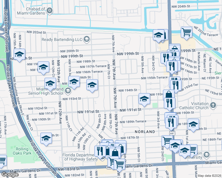 map of restaurants, bars, coffee shops, grocery stores, and more near 19300 Northwest 7th Avenue in Miami