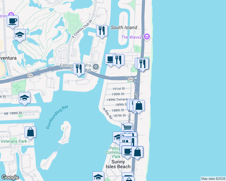 map of restaurants, bars, coffee shops, grocery stores, and more near 320 191st Terrace in Sunny Isles Beach