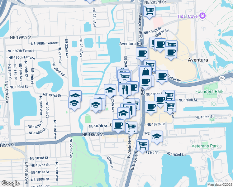 map of restaurants, bars, coffee shops, grocery stores, and more near 2499 Northeast 192 Street in Miami