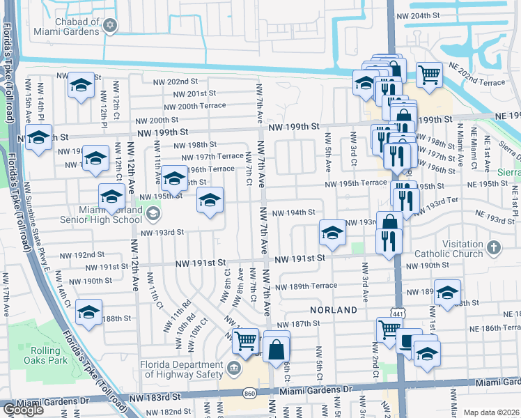 map of restaurants, bars, coffee shops, grocery stores, and more near 19440 Northwest 7th Avenue in Miami