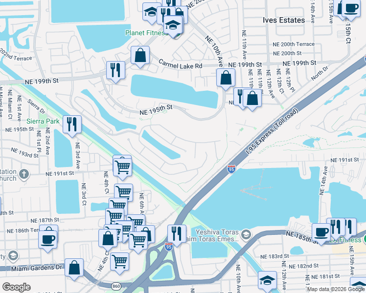 map of restaurants, bars, coffee shops, grocery stores, and more near 771 Northeast 193rd Terrace in Miami