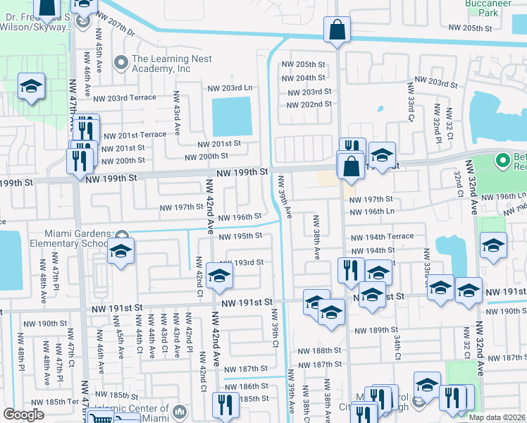map of restaurants, bars, coffee shops, grocery stores, and more near 3925 Northwest 39th Court in Miami Gardens