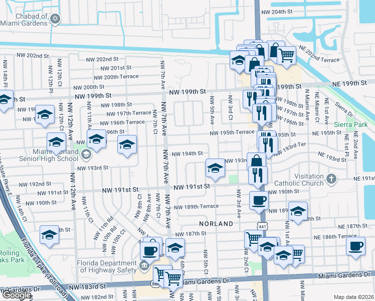 map of restaurants, bars, coffee shops, grocery stores, and more near 641 Northwest 194th Terrace in Miami