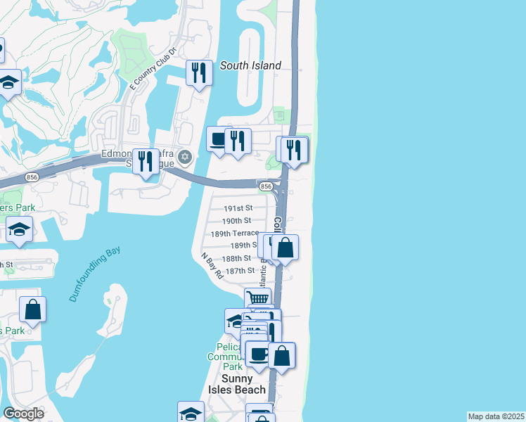 map of restaurants, bars, coffee shops, grocery stores, and more near 230 191st Terrace in Sunny Isles Beach