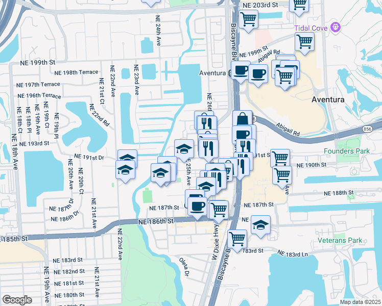 map of restaurants, bars, coffee shops, grocery stores, and more near 2499 Northeast 192 Street in Miami