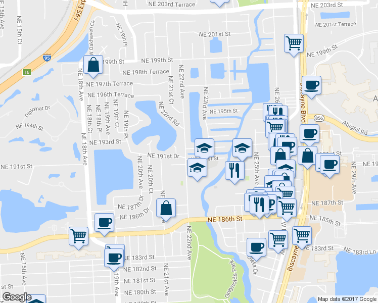 map of restaurants, bars, coffee shops, grocery stores, and more near 19230 Northeast 22nd Avenue in Miami