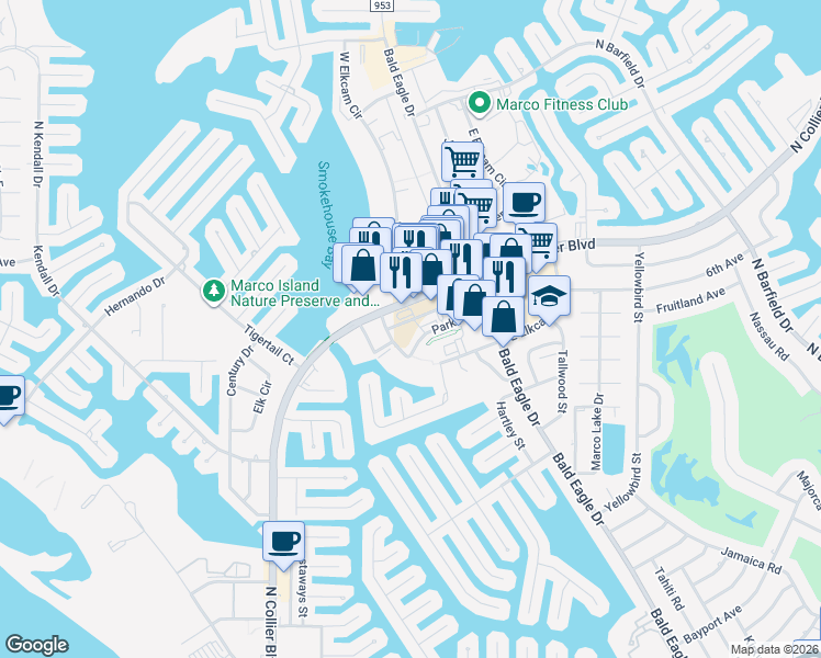map of restaurants, bars, coffee shops, grocery stores, and more near 899 North Collier Boulevard in Marco Island