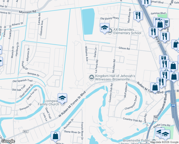 map of restaurants, bars, coffee shops, grocery stores, and more near 113 Dix Dr in Brownsville