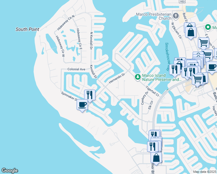 map of restaurants, bars, coffee shops, grocery stores, and more near 604 Hernando Drive in Marco Island
