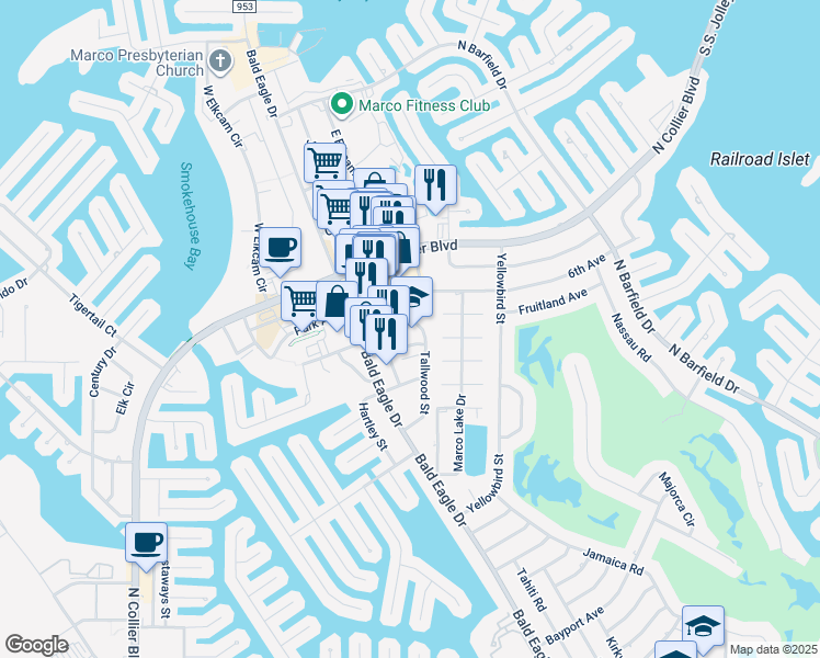 map of restaurants, bars, coffee shops, grocery stores, and more near 601 East Elkcam Circle in Marco Island