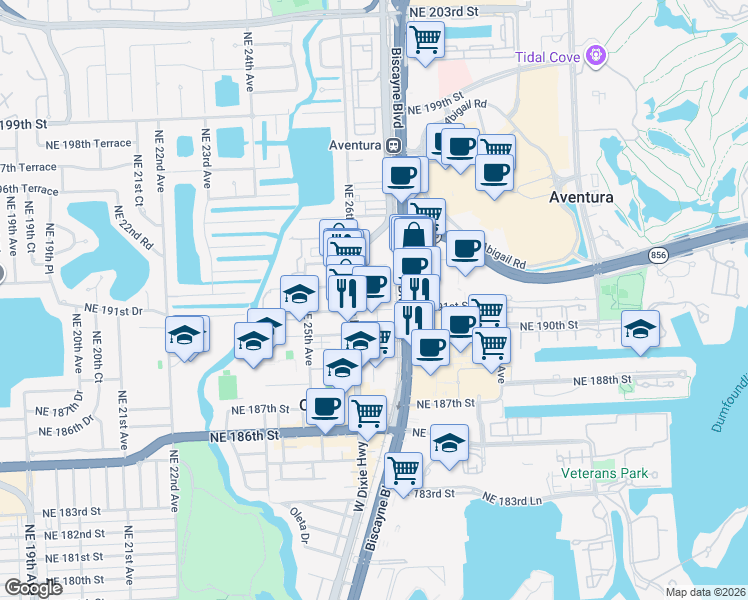 map of restaurants, bars, coffee shops, grocery stores, and more near 19251 West Dixie Highway in Miami
