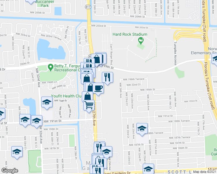 map of restaurants, bars, coffee shops, grocery stores, and more near 19501 Northwest 27th Avenue in Miami Gardens