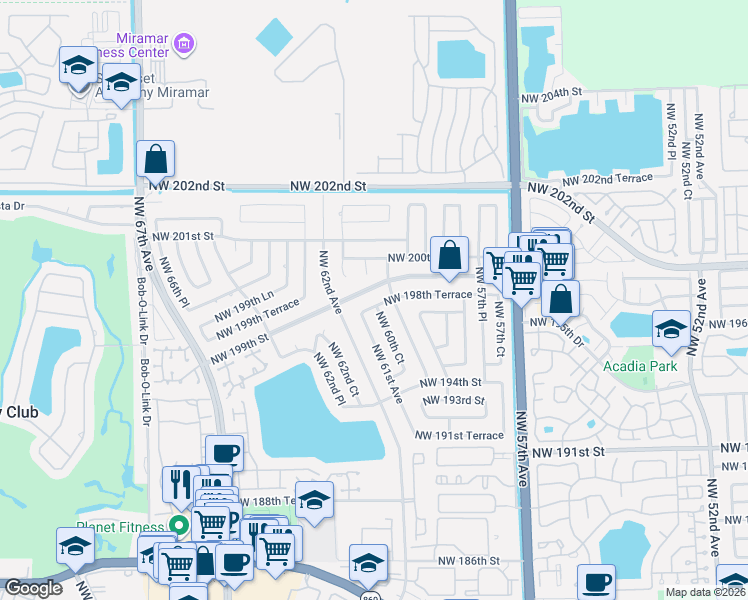 map of restaurants, bars, coffee shops, grocery stores, and more near 6011 Northwest 199th Street in Hialeah