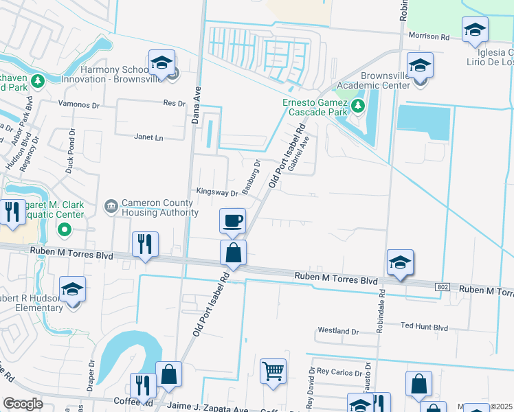 map of restaurants, bars, coffee shops, grocery stores, and more near 3592 Kingsway Drive in Brownsville