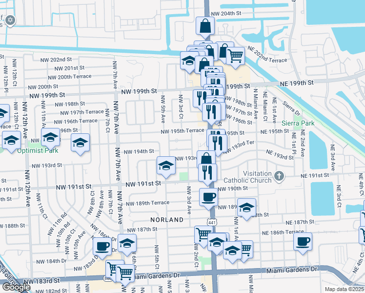map of restaurants, bars, coffee shops, grocery stores, and more near 325 Northwest 194th Terrace in Miami
