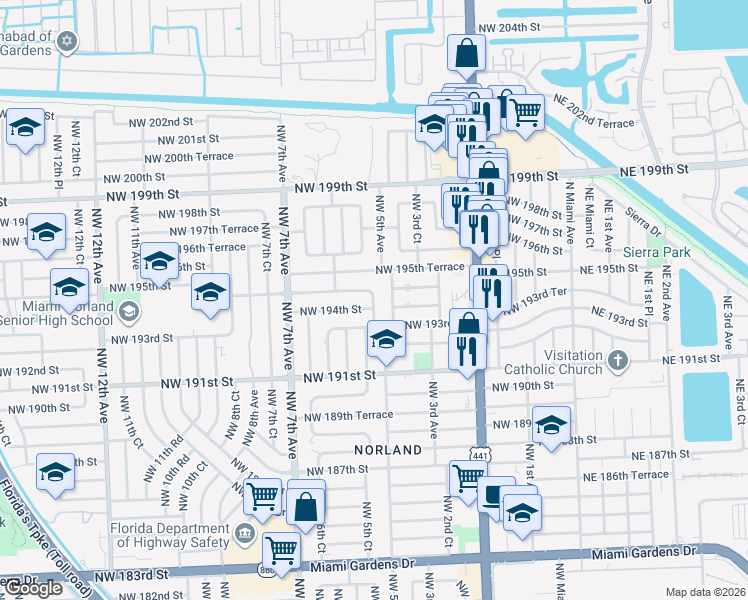 map of restaurants, bars, coffee shops, grocery stores, and more near 19430 Northwest 4th Avenue in Miami