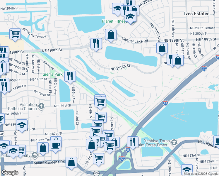 map of restaurants, bars, coffee shops, grocery stores, and more near 561 Northeast 191st Street in Miami