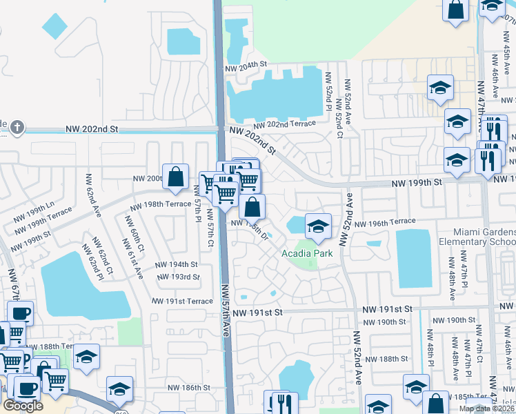 map of restaurants, bars, coffee shops, grocery stores, and more near 19805 Northwest 54th Place in Miami Gardens
