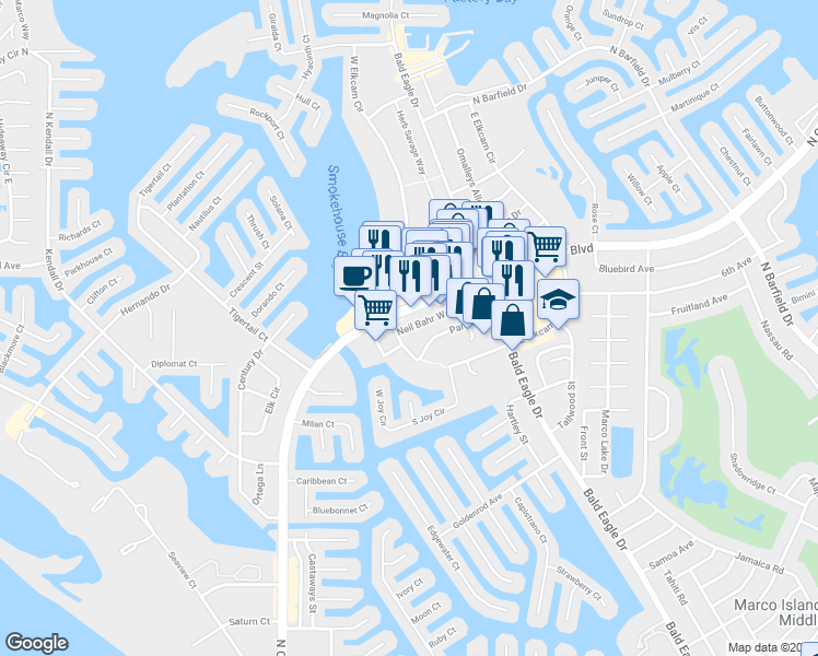 map of restaurants, bars, coffee shops, grocery stores, and more near 866 Park Avenue in Marco Island