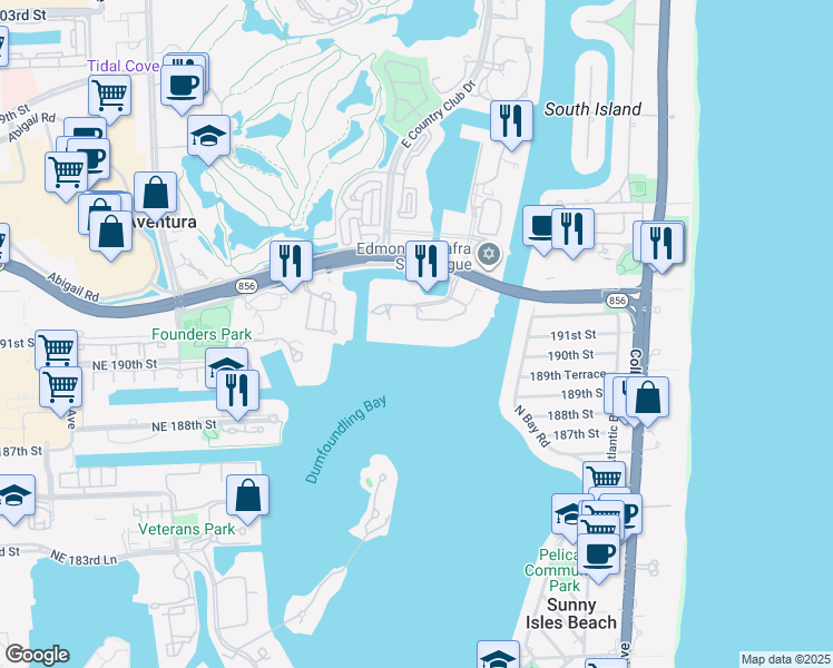 map of restaurants, bars, coffee shops, grocery stores, and more near 19101 Mystic Pointe Drive in Aventura
