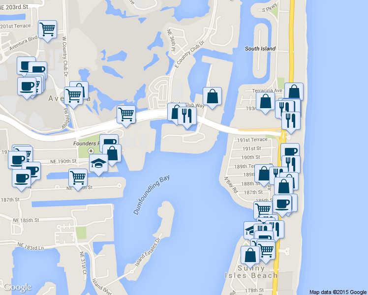 map of restaurants, bars, coffee shops, grocery stores, and more near 3590 Mystic Pointe Drive in Aventura