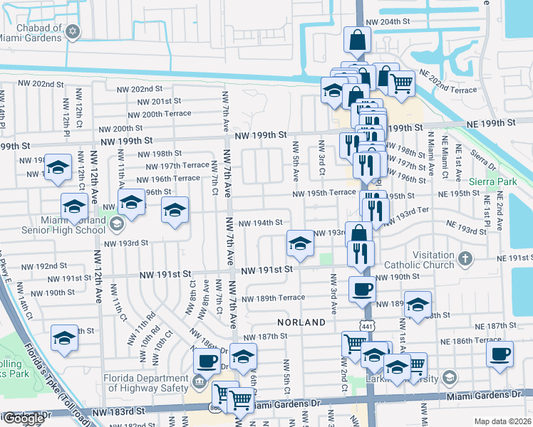map of restaurants, bars, coffee shops, grocery stores, and more near 567 Northwest 194th Terrace in Miami Gardens