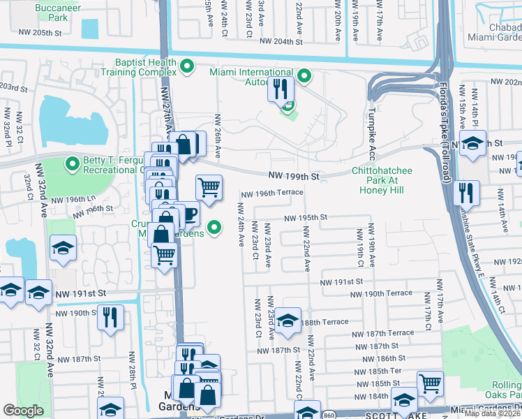 map of restaurants, bars, coffee shops, grocery stores, and more near 2351 Northwest 22nd Court in Miami Gardens