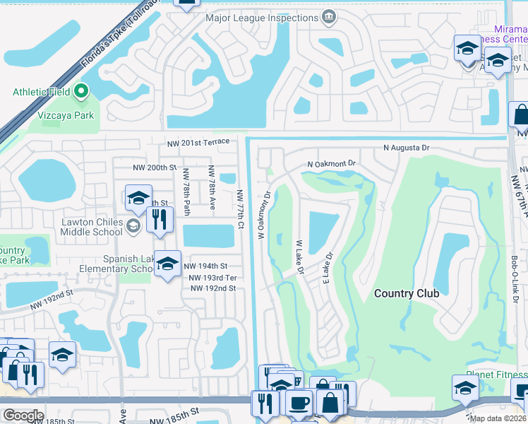 map of restaurants, bars, coffee shops, grocery stores, and more near 19721 West Oakmont Drive in Hialeah