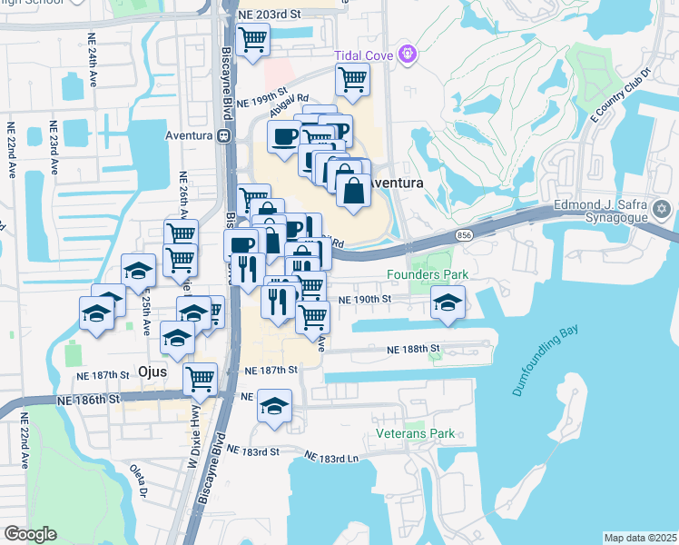 map of restaurants, bars, coffee shops, grocery stores, and more near 2901 Florida 856 in Aventura