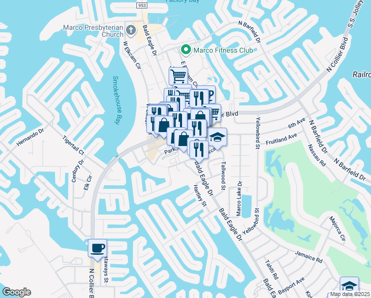 map of restaurants, bars, coffee shops, grocery stores, and more near 606 Bald Eagle Drive in Marco Island