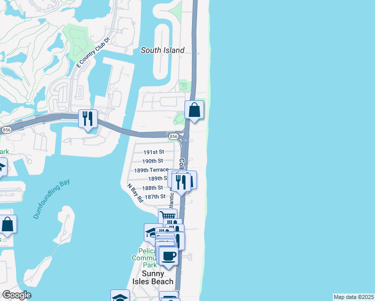 map of restaurants, bars, coffee shops, grocery stores, and more near 19116 Collins Avenue in Sunny Isles Beach