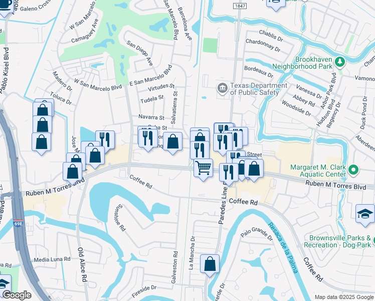 map of restaurants, bars, coffee shops, grocery stores, and more near 1780 Chipinque Drive in Brownsville