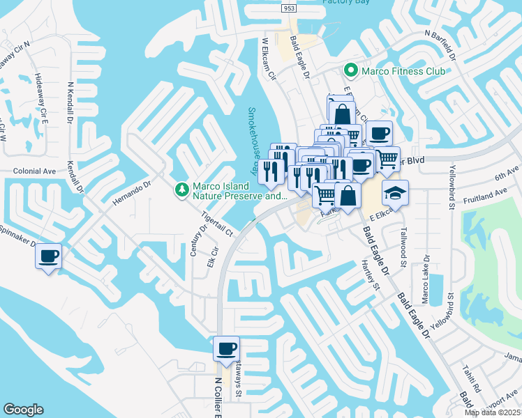 map of restaurants, bars, coffee shops, grocery stores, and more near 720 North Collier Boulevard in Marco Island