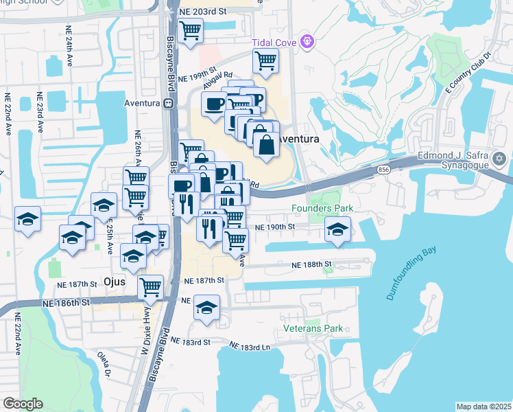 map of restaurants, bars, coffee shops, grocery stores, and more near 2901 Florida 856 in Aventura