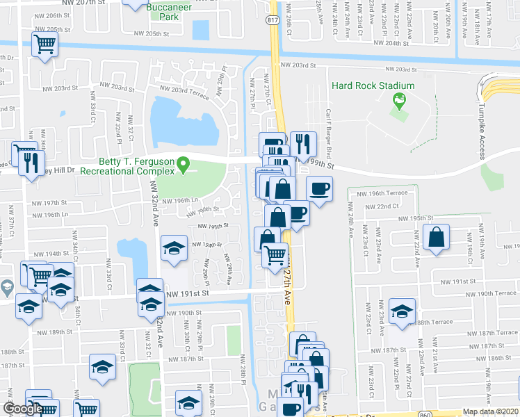 map of restaurants, bars, coffee shops, grocery stores, and more near 2759 Northwest 196th Street in Miami Gardens