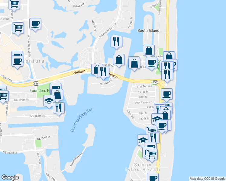 map of restaurants, bars, coffee shops, grocery stores, and more near 3595 Mystic Pointe Drive in Aventura