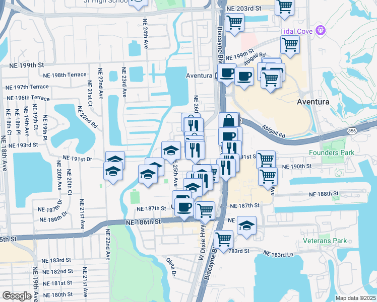 map of restaurants, bars, coffee shops, grocery stores, and more near 2575 Northeast 192 Street in Miami