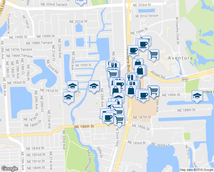 map of restaurants, bars, coffee shops, grocery stores, and more near 2575 Northeast 192 Street in Miami